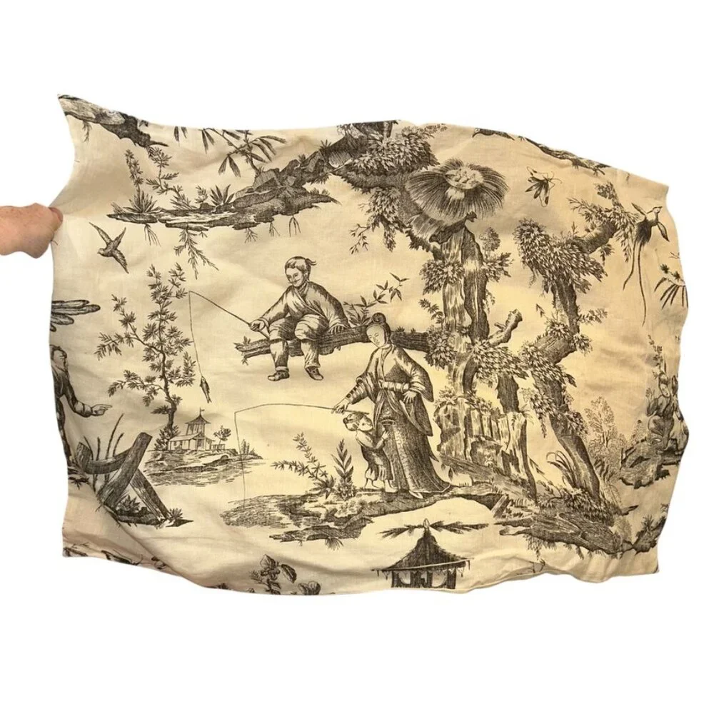 NEW 100% LINEN cream black TOILE bucolic Japanese Fishing Scene postcard 32x20
